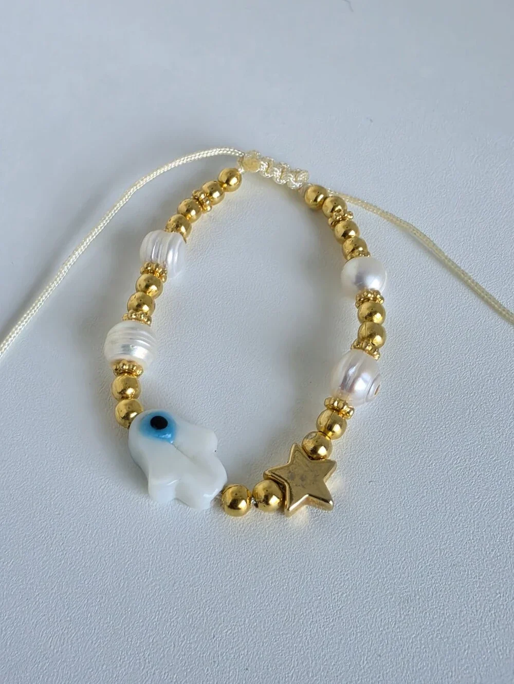 Handmade Hamsa Evil Eye Pearl Adjustable Bracelet Gold Beaded Boho Protection